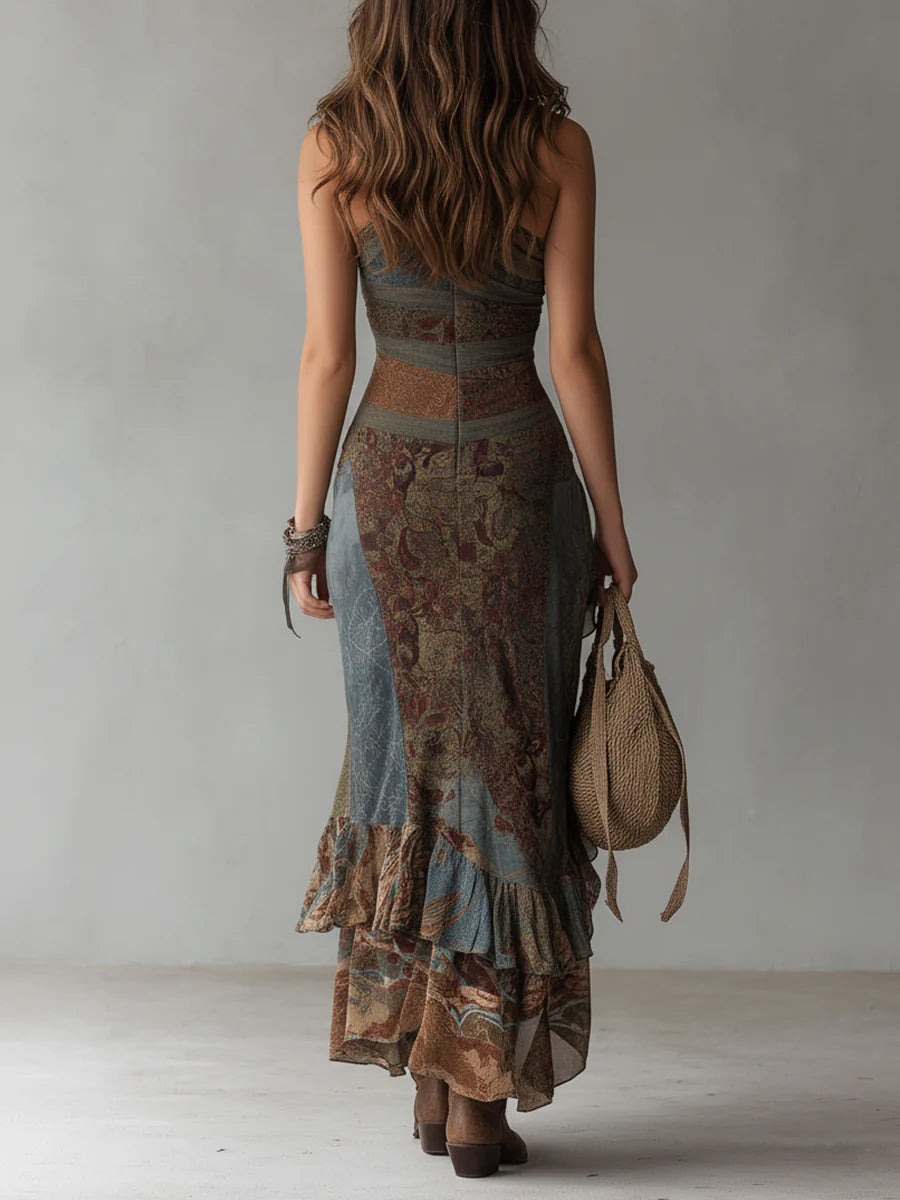 Elena | Vestido Maxi Bohemio Floral Fruncido con Abertura Lateral
