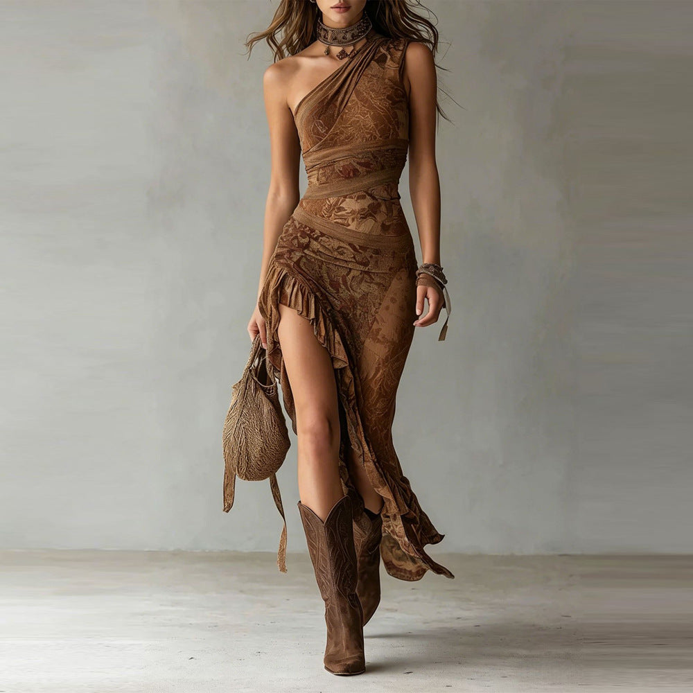 Elena | Vestido Maxi Bohemio Floral Fruncido con Abertura Lateral
